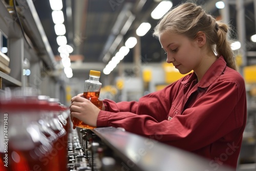 Inspecting Automated Conveyor Belt  Female Factory Worker Ensuring Quality Checks in Beverage Production Line