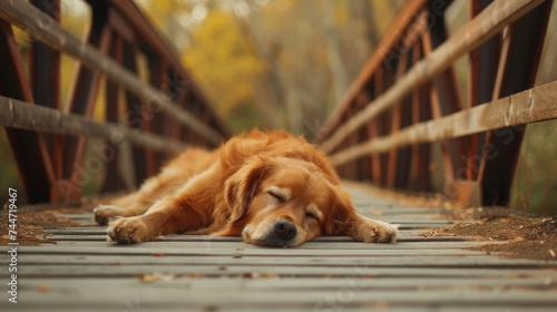 a close up of a dog laying on a bridge with it's head resting on it's paws. photo