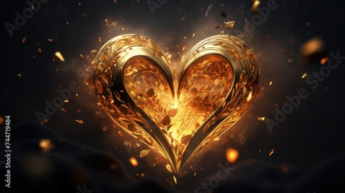 a golden heart shaped object in the middle of a dark background with lots of gold confetti around it.