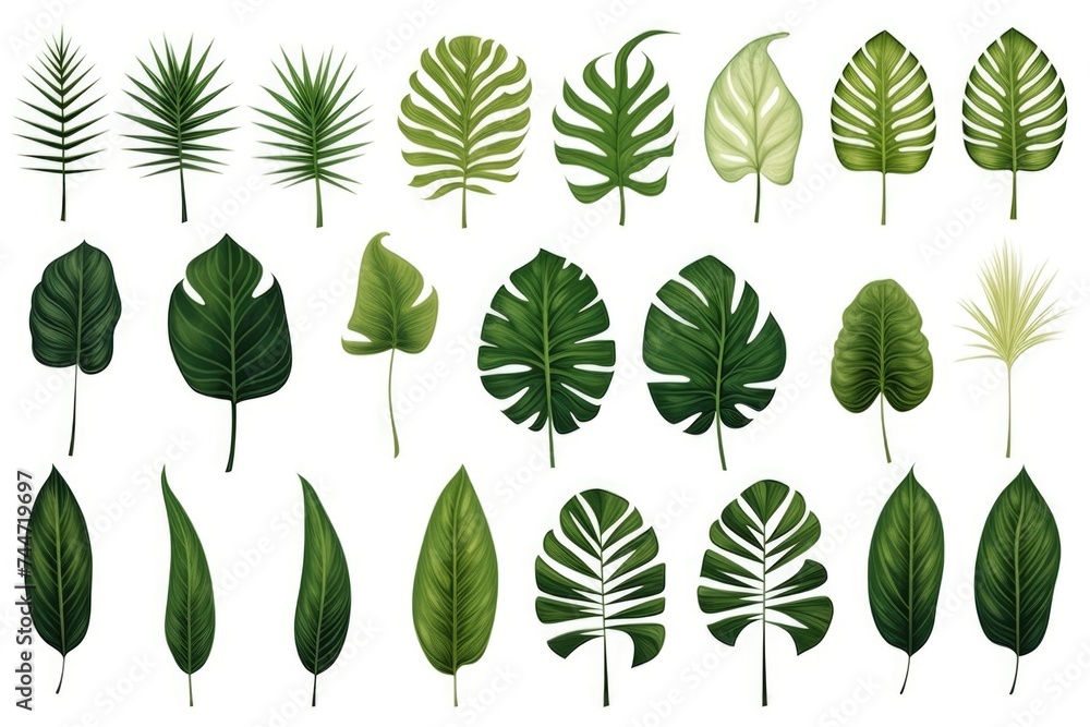 A variety of vibrant tropical leaves displayed on a clean white background. Ideal for botanical themes or tropical designs
