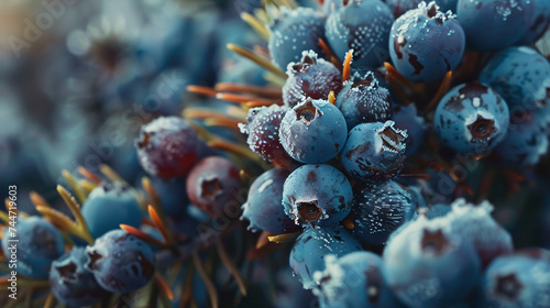 close-ups of individual Juniper berries. 