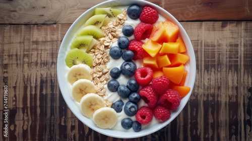 a bowl of yogurt, fruit, and granola is on a wooden table in front of a wooden wall.