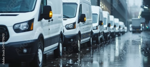 New vans in parking bay, copy space, blurred warehouse background, commercial fleet ready for work. photo