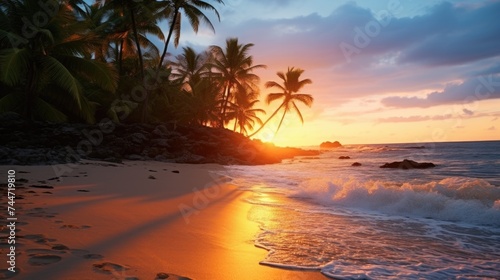 Beautiful sunset on a tropical beach  perfect for travel websites or vacation brochures