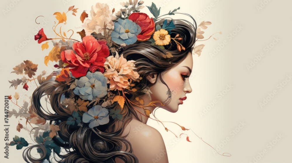 A woman with flowers in her hair, perfect for beauty and wellness concepts