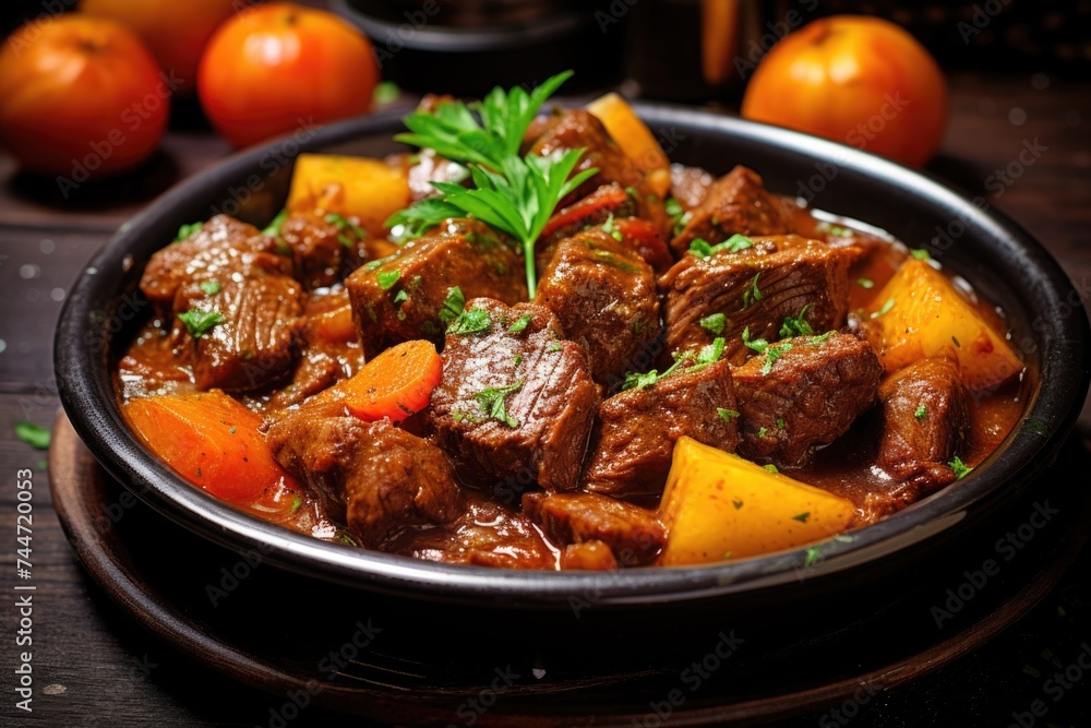 A bowl of hearty stew with fresh potatoes and carrots. Perfect for food and cooking concepts A bowl of hearty stew with fresh potatoes and carrots. Perfect for food and cooking concepts