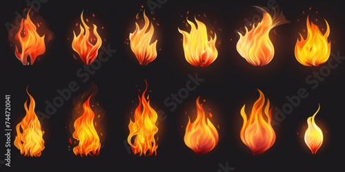 A set of fire flames on a black background. Suitable for various graphic design projects