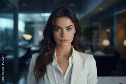 A woman wearing a white shirt and blazer, suitable for business or casual concepts