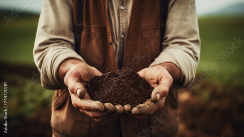 A man holding dirt in hands, ideal for environmental concept