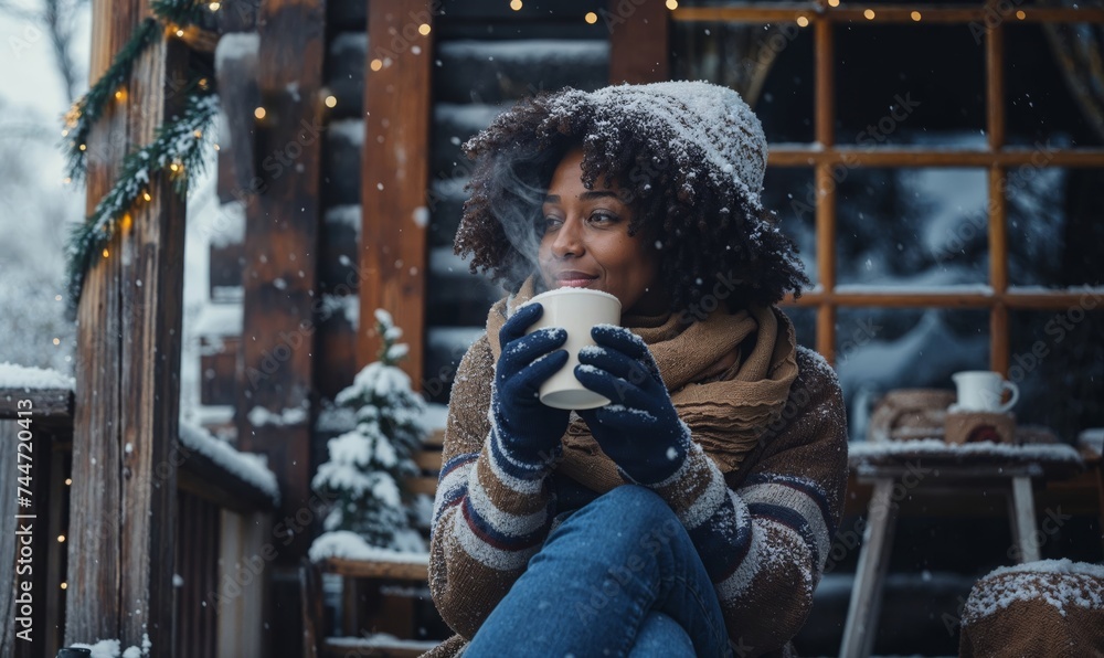 Black woman drinking hot coffee chocolate on porch deck in the snow winter. Winter hat and gloves to keep warm outdoors in the snow.