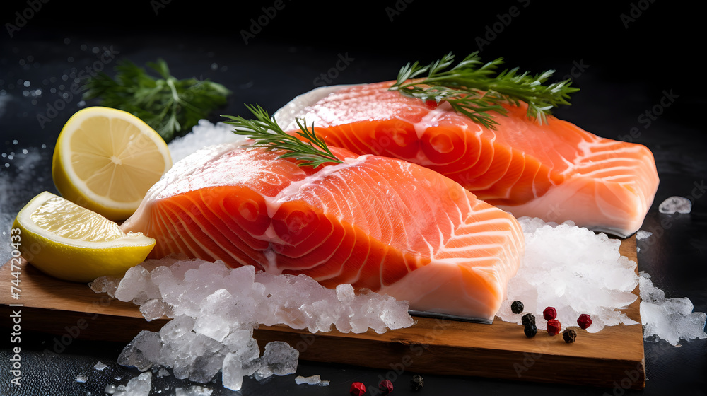 Fresh raw salmon steaks garnished with lemon and a sprig of dill on a wooden board Fresh raw salmon steaks garnished with lemon and a sprig of dill on a wooden board