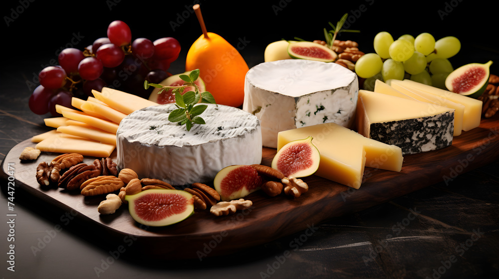 Assortment of different types of cheeses, fruits and nuts on a wooden board on a dark background, isolated Concept of a romantic dinner or tasting