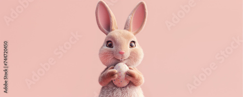 Sweet Pink Easter Bunny Gently Holding a Speckled Easter Egg