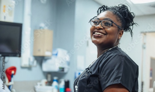 Medical office worker, RN, CNA, Nurse Support Staff in a Doctor office working with a team in a lab, patients, dentist, healthcare professional. Black woman in her 30s or 40s with glasses, smiling.