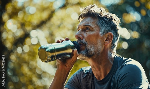 Man drinking water in a reusable metal bottle after an outdoor workout, walking , running, cooling down. Middle aged 50s, 60s, senior keeping healthy exercise   photo