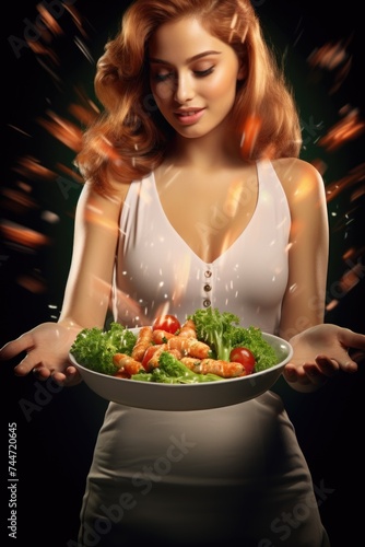 A woman holding a plate of food, perfect for food blogs or restaurant menus