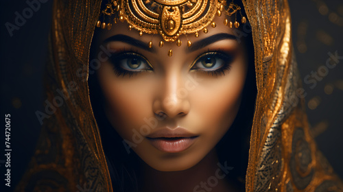 Close-up portrait of an incredibly beautiful tanned woman with beautiful green eyes and golden makeup, head covered with a cape. Concept of ancient culture, history, comparison of eras, art, beauty © Anna Iluschenko
