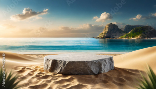 sand and sea backdrop with an empty flat stone podium for product placement © Your Hand Please