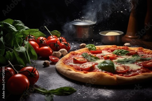 A delicious pizza covered in various toppings, perfect for food and restaurant concepts