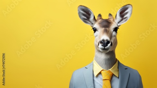 Deer in formal suit working in corporate setting, studio shot with copy space on plain wall