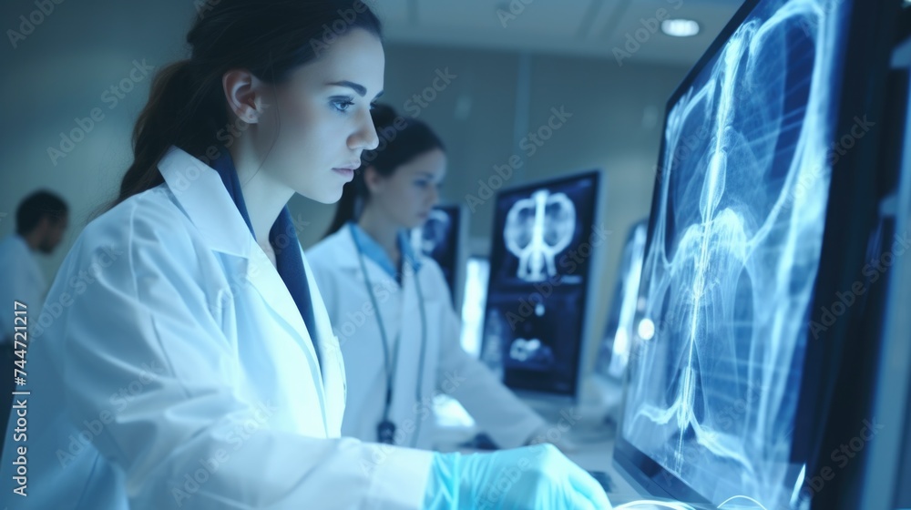 A woman in a lab coat looking at a computer screen. Ideal for science and technology concepts A woman in a lab coat looking at a computer screen. Ideal for science and technology concepts