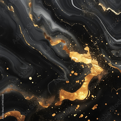Abstract black marble background with fluid gold design, creating a modern and elegant wallpaper or artistic element.