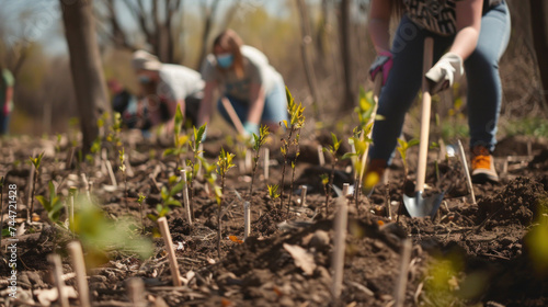 A homeowner planting a flower bed or vegetable garden in their backyard. ,blurry background, Professional photography