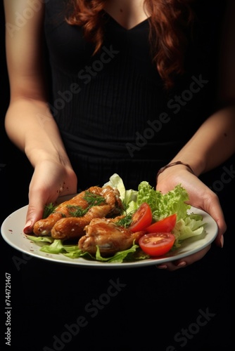 A woman holding a plate of food. Perfect for food blogs or restaurant advertisements