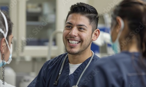 Hispanic man doctor, nurse, RN, CNA, medical Support Staff in a Doctor dental office, working with a team in a lab, patients, healthcare hospital, clinic. Phlebotomy. Technician. Happy.