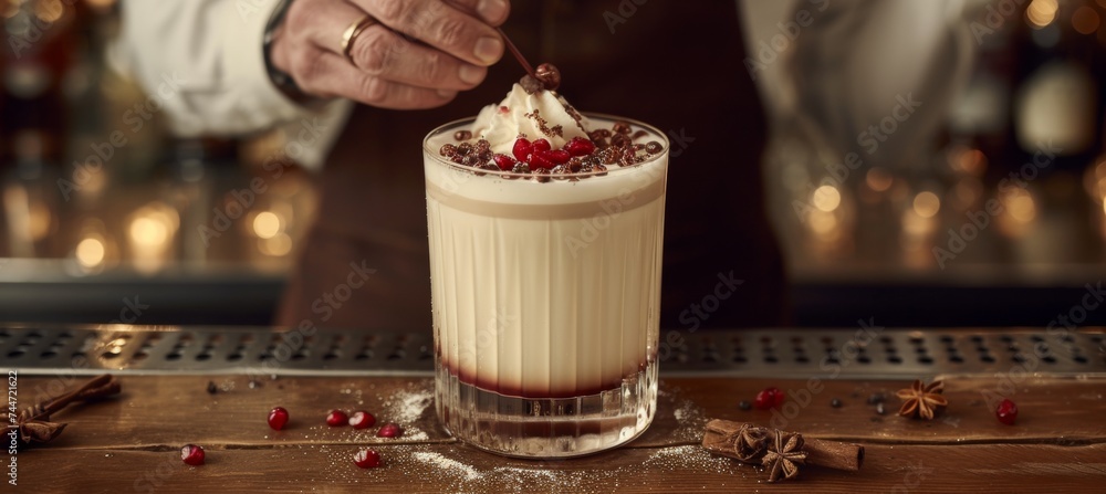 Close up of bartender decorating a cocktail with copy space on blurred background