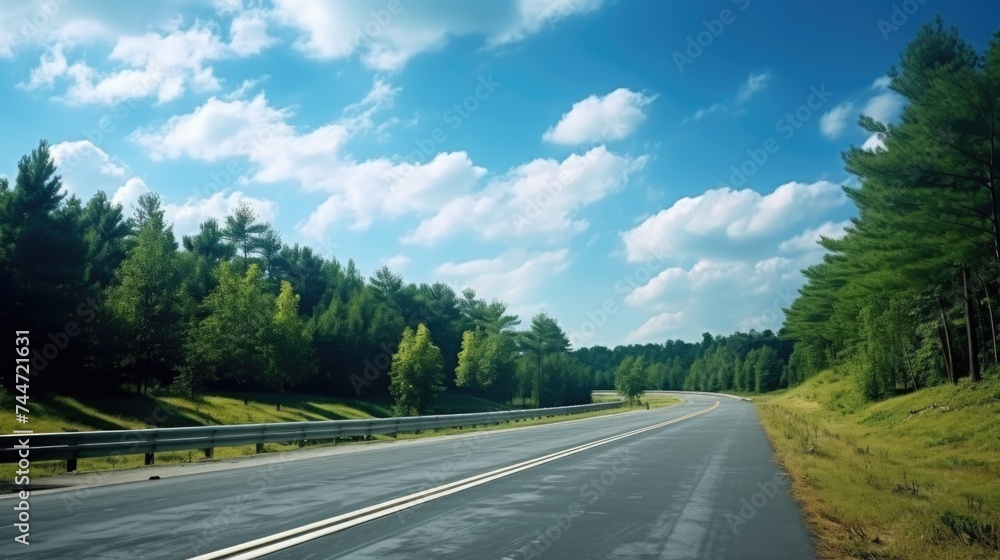 Scenic view of a highway with trees and blue sky background. Ideal for travel and nature concepts