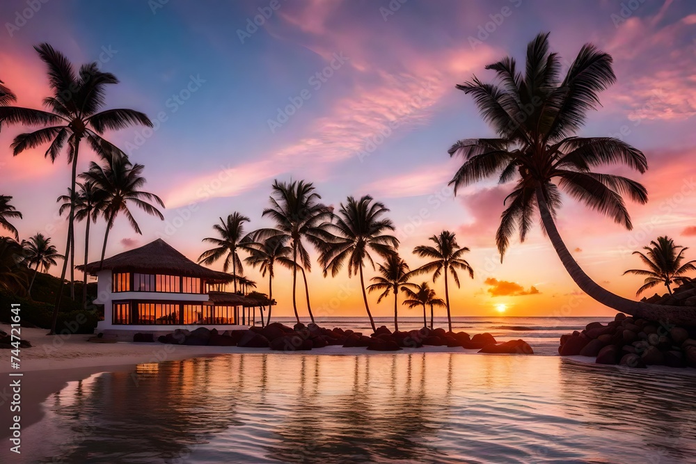 a beachfront villa at sunset, with the vibrant colors of the sky reflecting on the calm ocean,
