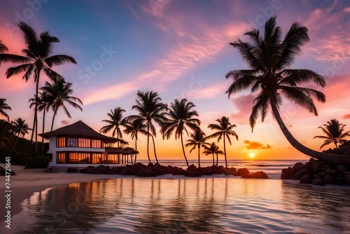 a beachfront villa at sunset, with the vibrant colors of the sky reflecting on the calm ocean,