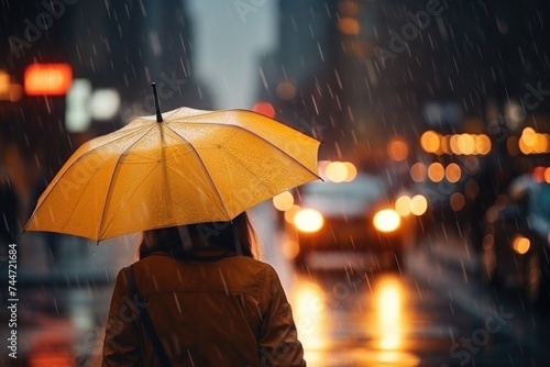 A woman holding an umbrella in the rain. Suitable for weather-related designs
