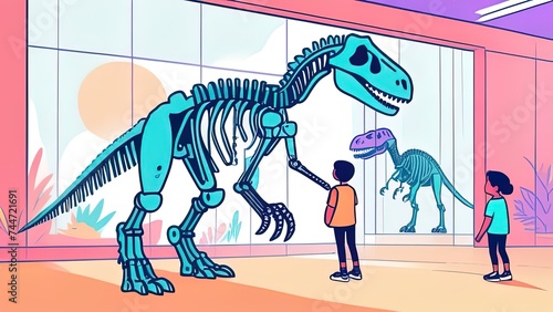 Editable silhouettes of people looking at a Tyrannosaurus rex skeleton in a museum. Сhild in a museum looks at a dinosaur skeleton © Irina
