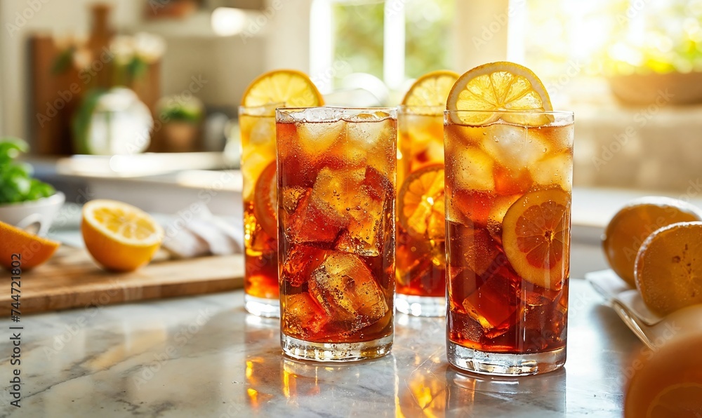 Iced tea glasses topped with fresh lemon. Refreshing minty cold drink in the summer, on the counter in a sunny kitchen. Craft cocktail. Home brew. mocktail. Iced tea glasses topped with fresh lemon. Refreshing minty cold drink in the summer, on the counter in a sunny kitchen. Craft cocktail. Home brew. mocktail.