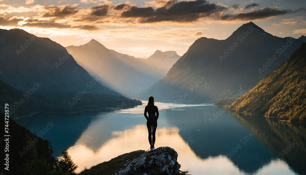 Silhouette of woman on mountain peak at dawn, symbolizing success, empowerment, solitude, and triumph over challenges - obrazy, fototapety, plakaty 