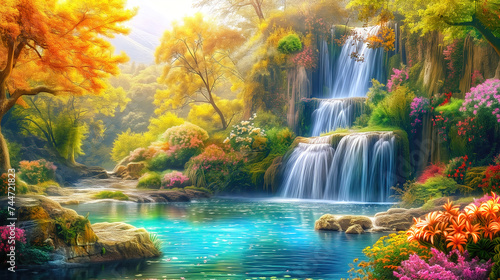 Fantasy waterfall with autumn trees and beautiful flowers  idyllic landscape