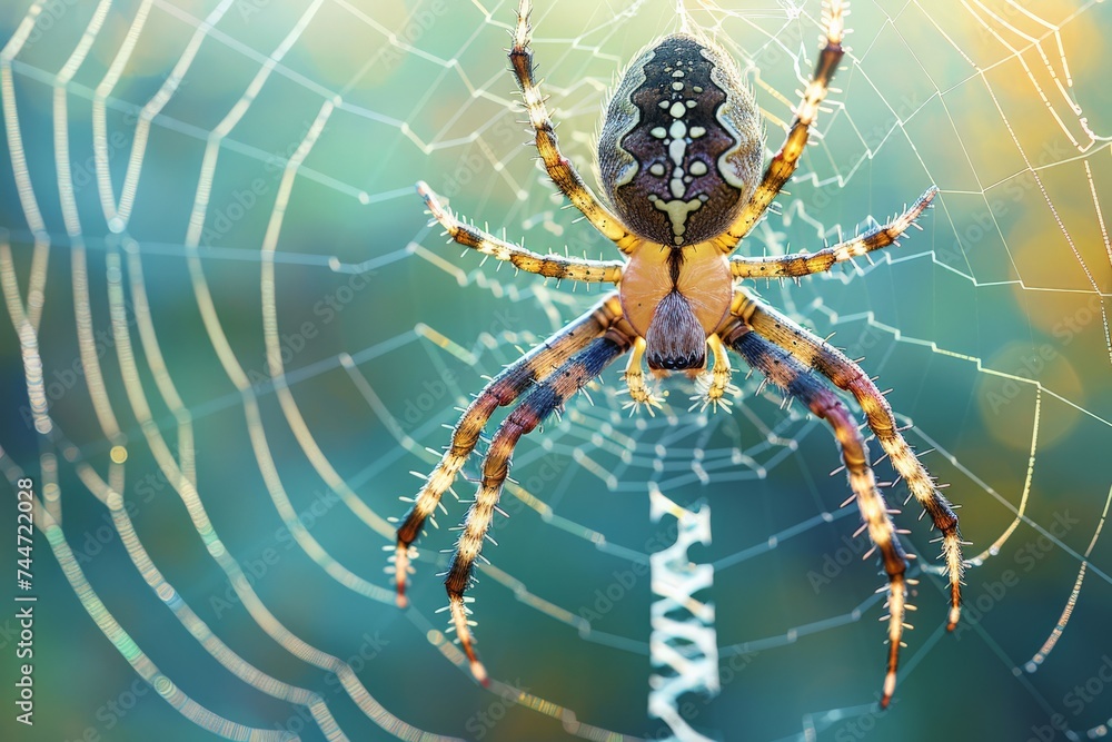 a spider weaving its web in the early morning, showcasing the intricacy of nature's designs