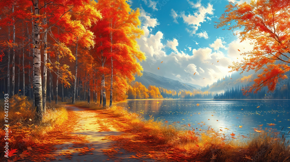 An autumn trees with orange yellow leaves, beautiful autumn landscape, oil painting on canvas.