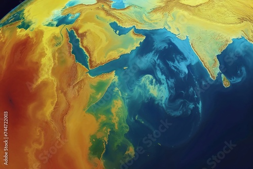 Satellite image of Earth from outer space, heat map colors, showing global warming, greenhouse gas concept. Colorful globe