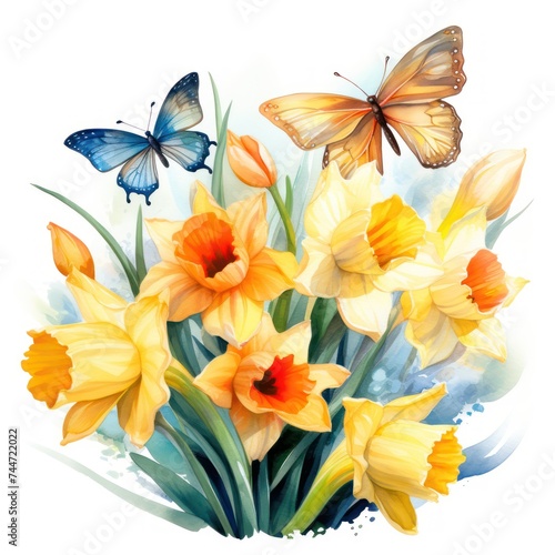 Colorful Spring Garden Clipart with Butterfly and Daffodils