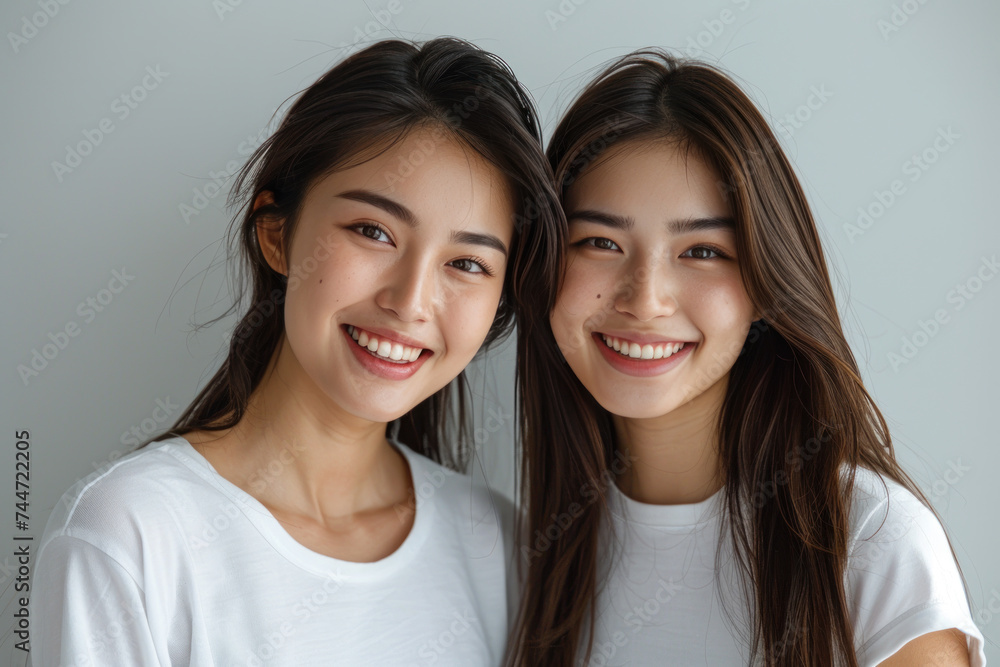 Asian women wearing white t-shirt smile having a good time together Asian women wearing white t-shirt smile having a good time together