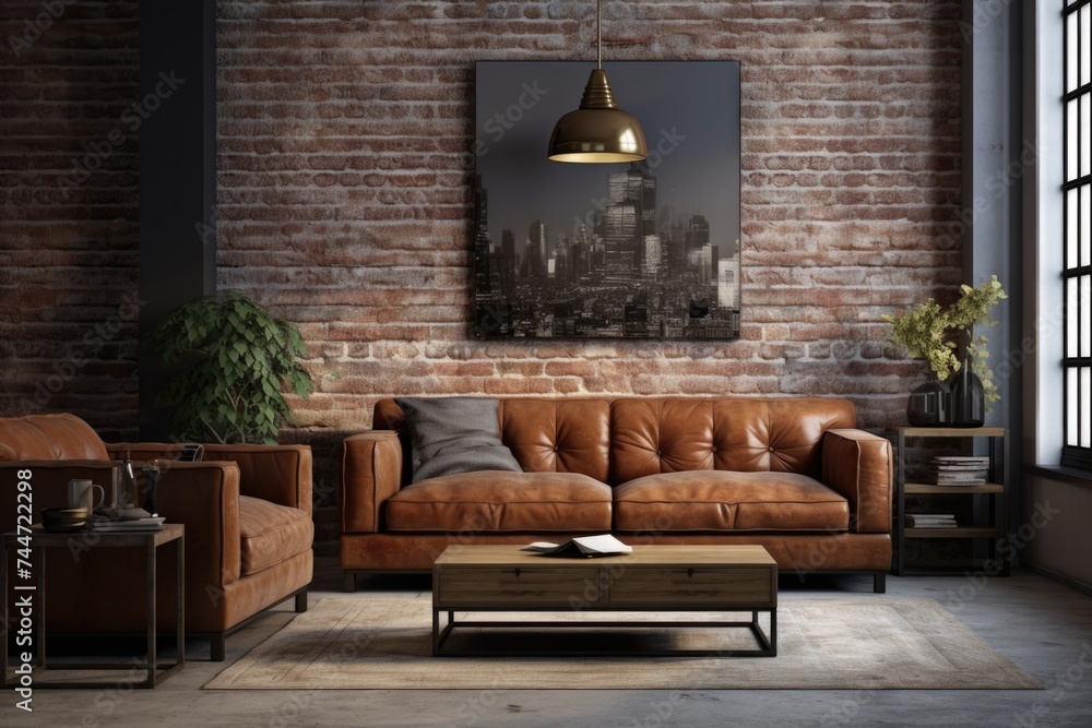 Comfortable living room with a couch and coffee table. Perfect for home decor blogs - obrazy, fototapety, plakaty 