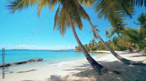 A picturesque sandy beach with palm trees under the bright sun. Ideal for travel and vacation concepts