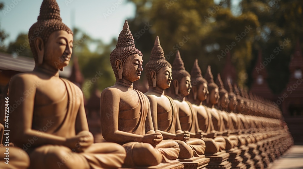 Row of Buddha statues, suitable for spiritual concepts - obrazy, fototapety, plakaty 