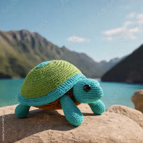 Knitted woolly turtle against the backdrop of the lake between the mountains, space for an inscription © Павел Абрамов