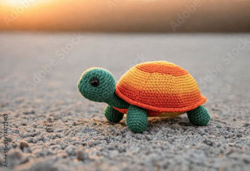 Knitted woolly turtle on sandy background, space for an inscription © Павел Абрамов