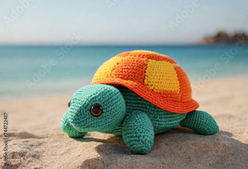 Knitted woolly turtle on a beautiful natural background, space for an inscription © Павел Абрамов