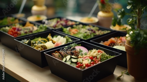 A table with a variety of food trays. Perfect for catering or buffet concepts